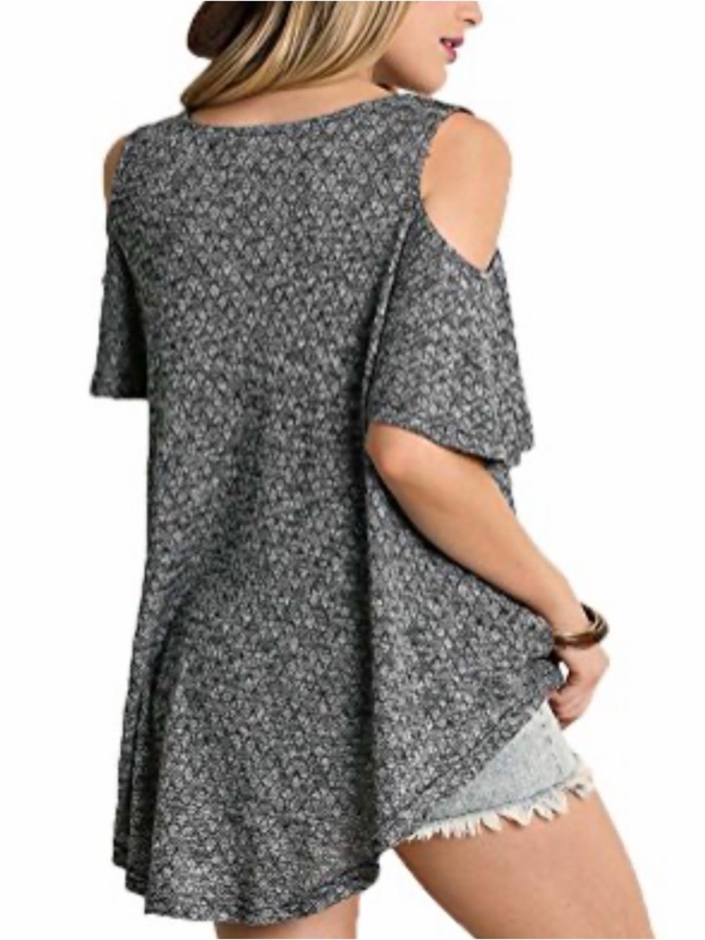 Umgee Boho Cold-Shoulder Short Sleeve Top in Gray